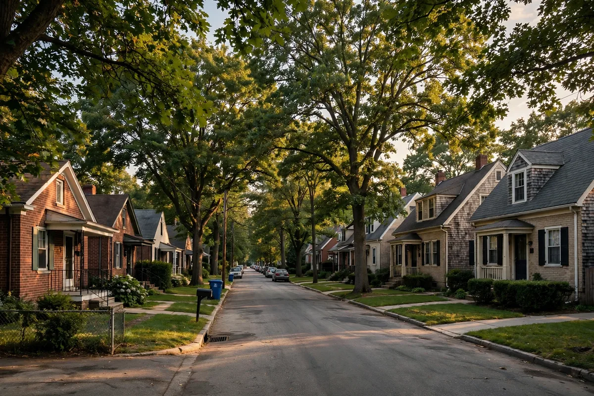 Dense inner-suburb streetscape in Norwood Ohio with post-war brick homes close together