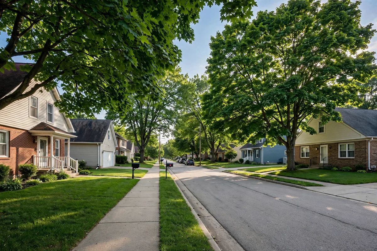 Quiet suburban Ohio street lined with brick homes and mature maple trees