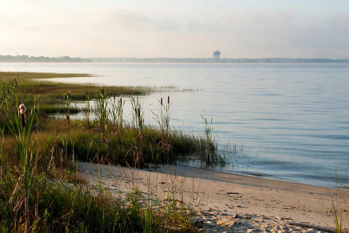 Calm Lake Erie water meeting a sandy beach with marsh grass at Maumee Bay near Oregon, Ohio