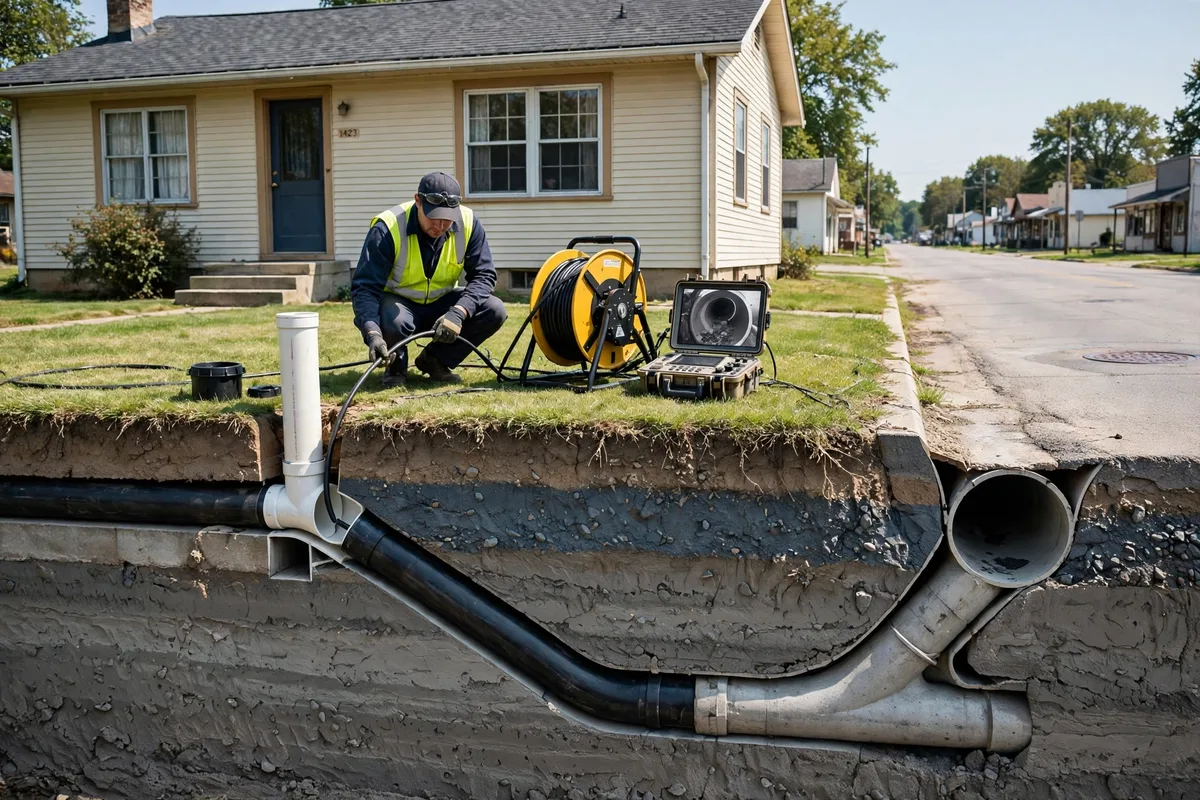 Technician feeding a sewer camera cable into a cleanout at a 1950s Ohio ranch house, camera reel and monitor on the lawn, flat clay soil cutaway showing the lateral to the street