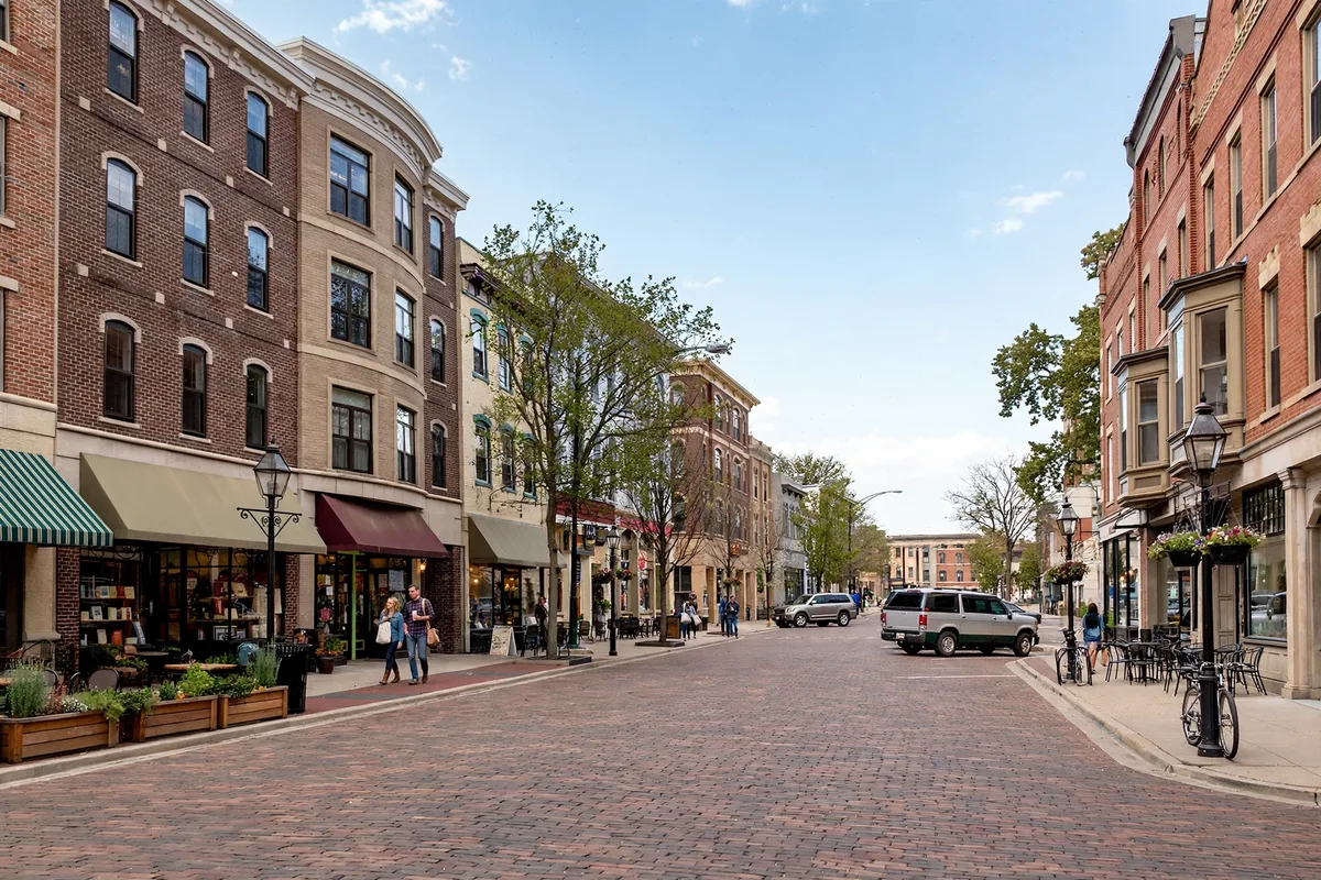 Historic uptown Oxford Ohio with red-brick storefronts, street lamps, and brick-paved streets