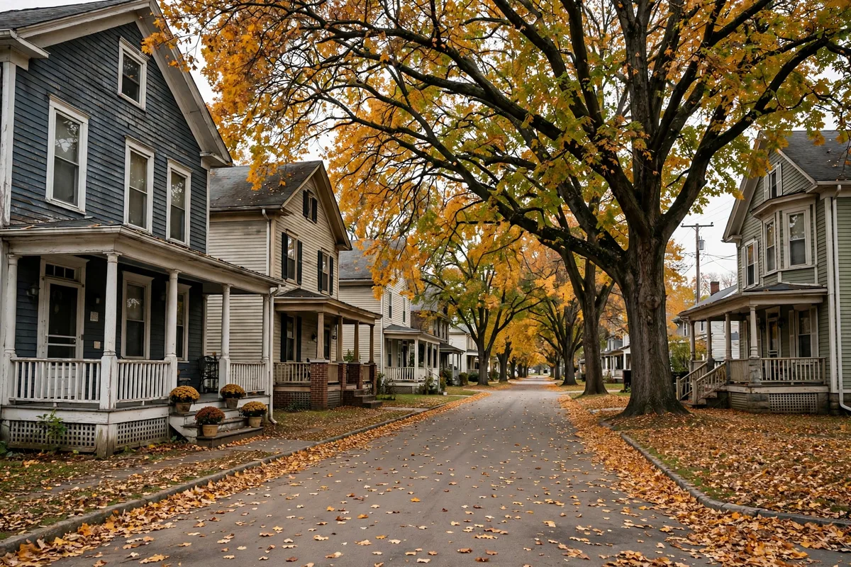 Quiet Oxford Ohio residential street with older rental homes, large shade trees, and fall leaves