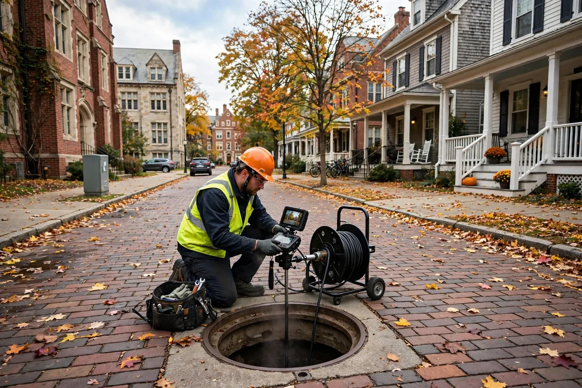 Sewer camera inspection on a brick college-town street in Oxford Ohio with red-brick university buildings and student housing