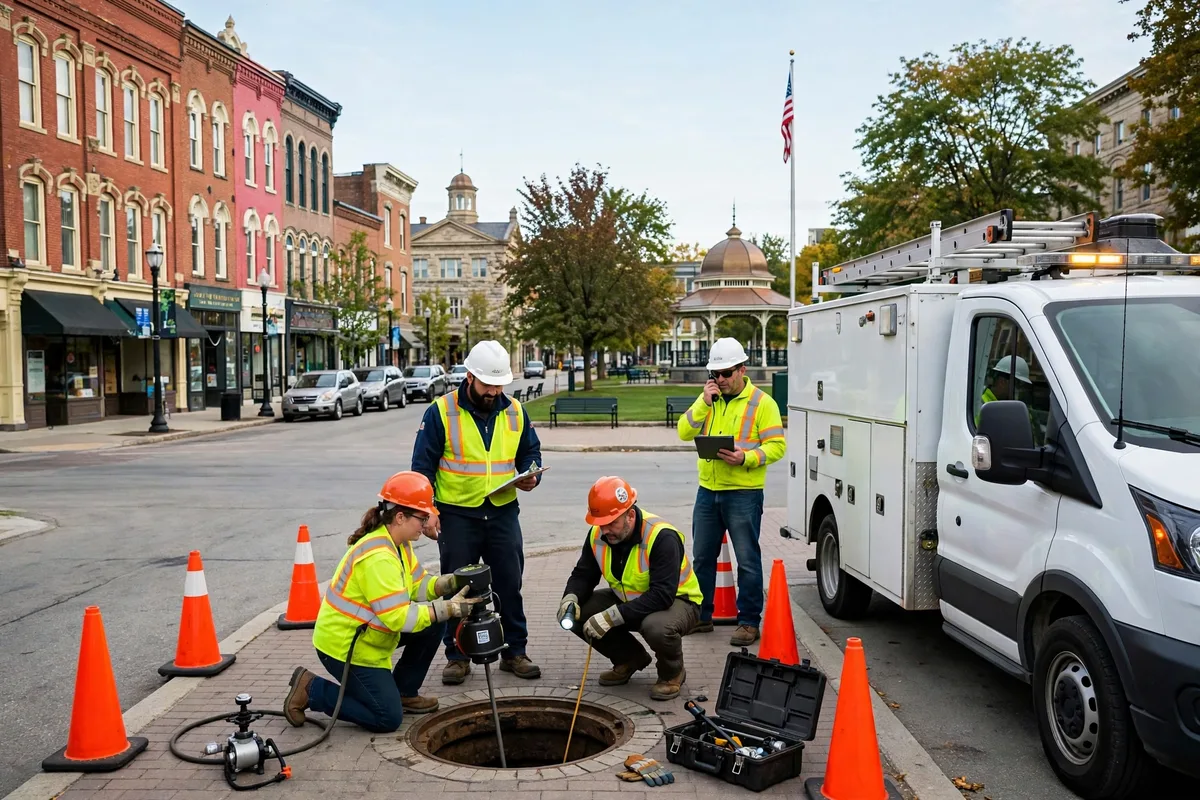 Sewer inspection crew working on a historic downtown street in Painesville, Ohio, with Victorian commercial buildings around the town square
