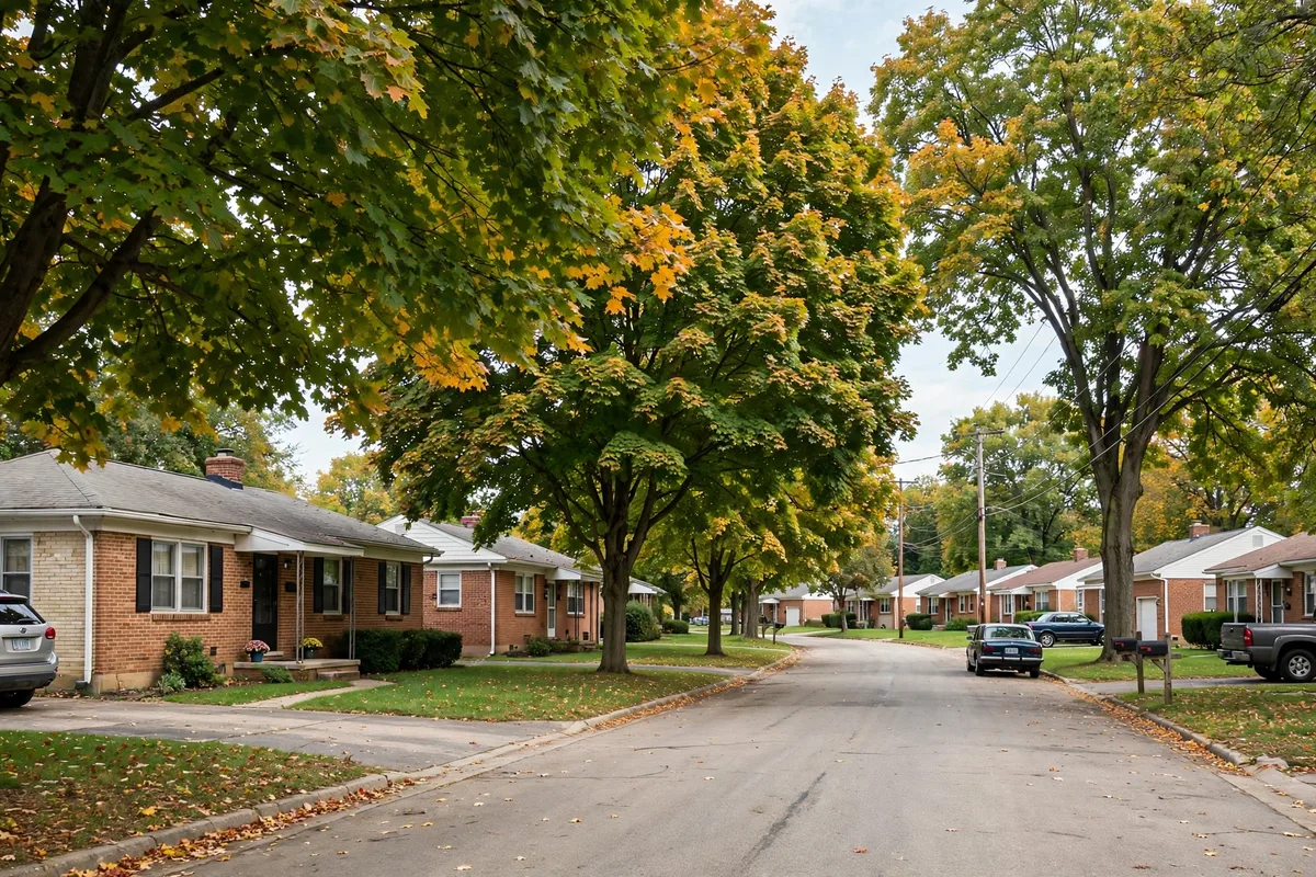 Street of 1950s brick ranch homes with mature maple trees in Parma, Ohio
