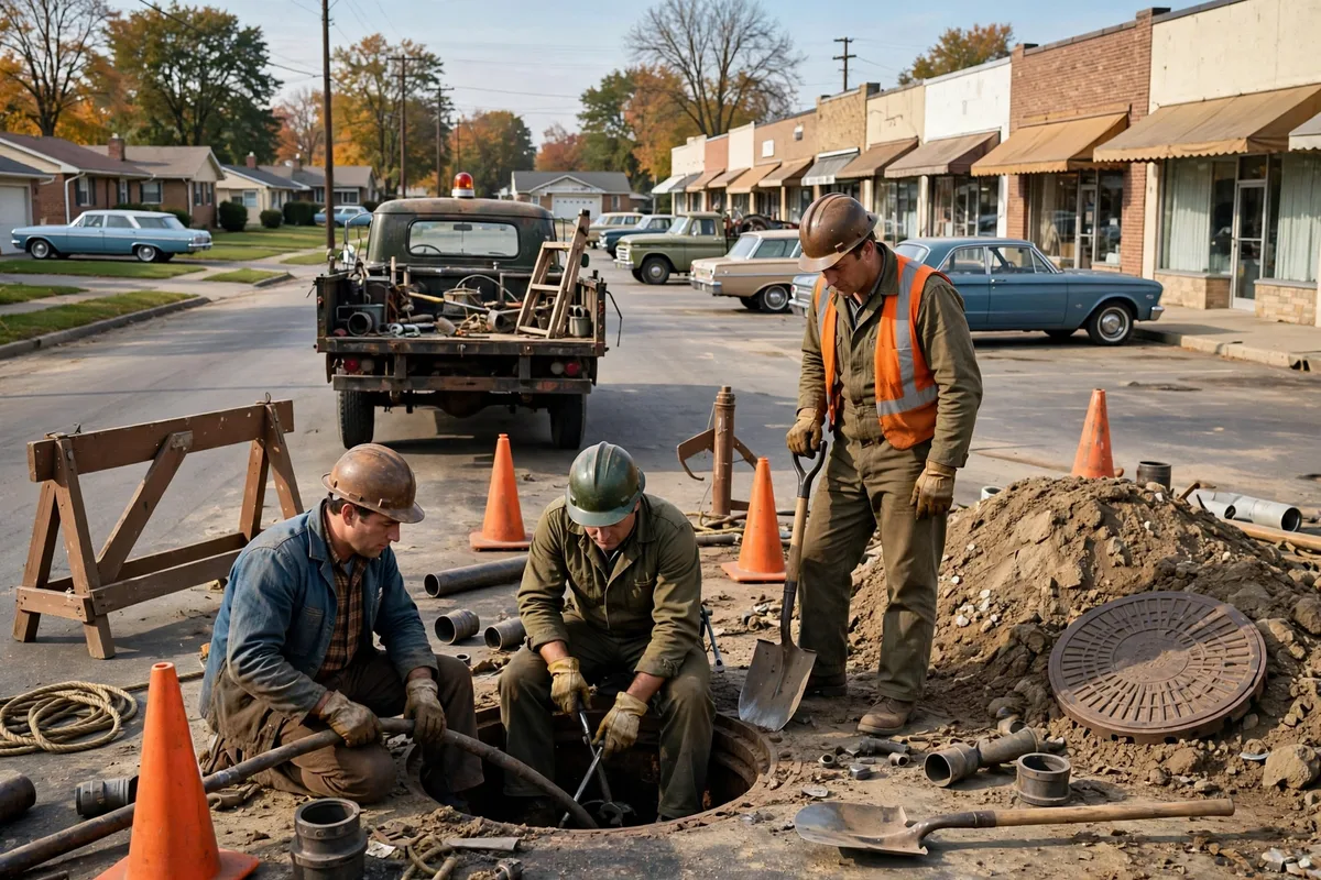 Sewer repair crew working along the Pearl Road commercial corridor in Parma Heights, Ohio, with 1960s ranch homes on the side streets