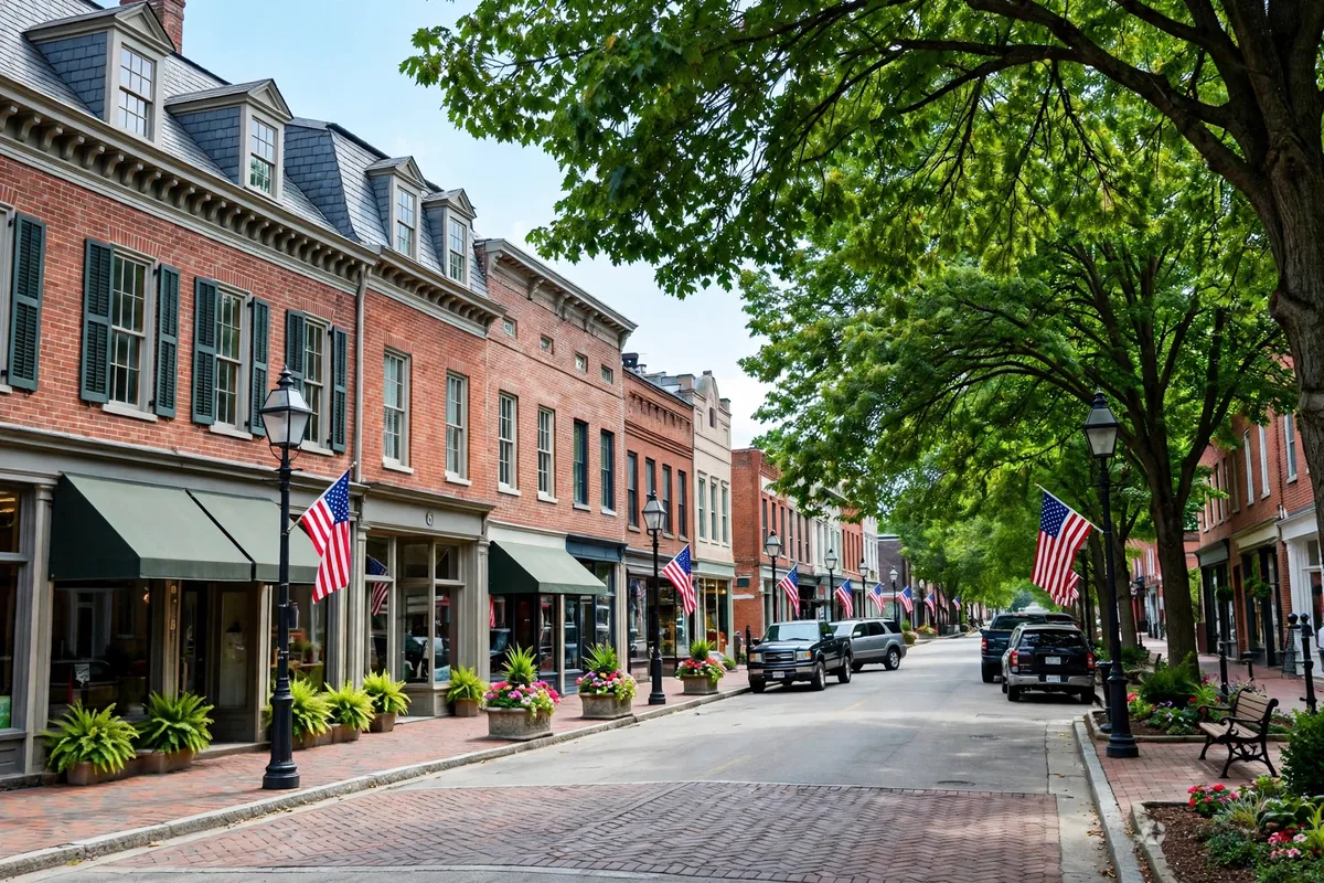 Historic brick storefronts and shade trees on a main street in Perrysburg, Ohio
