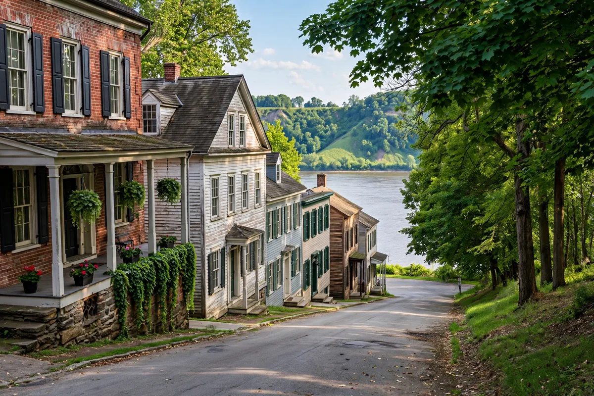 Historic brick and clapboard buildings on a tree-lined street sloping down to the Maumee River in Perrysburg, Ohio