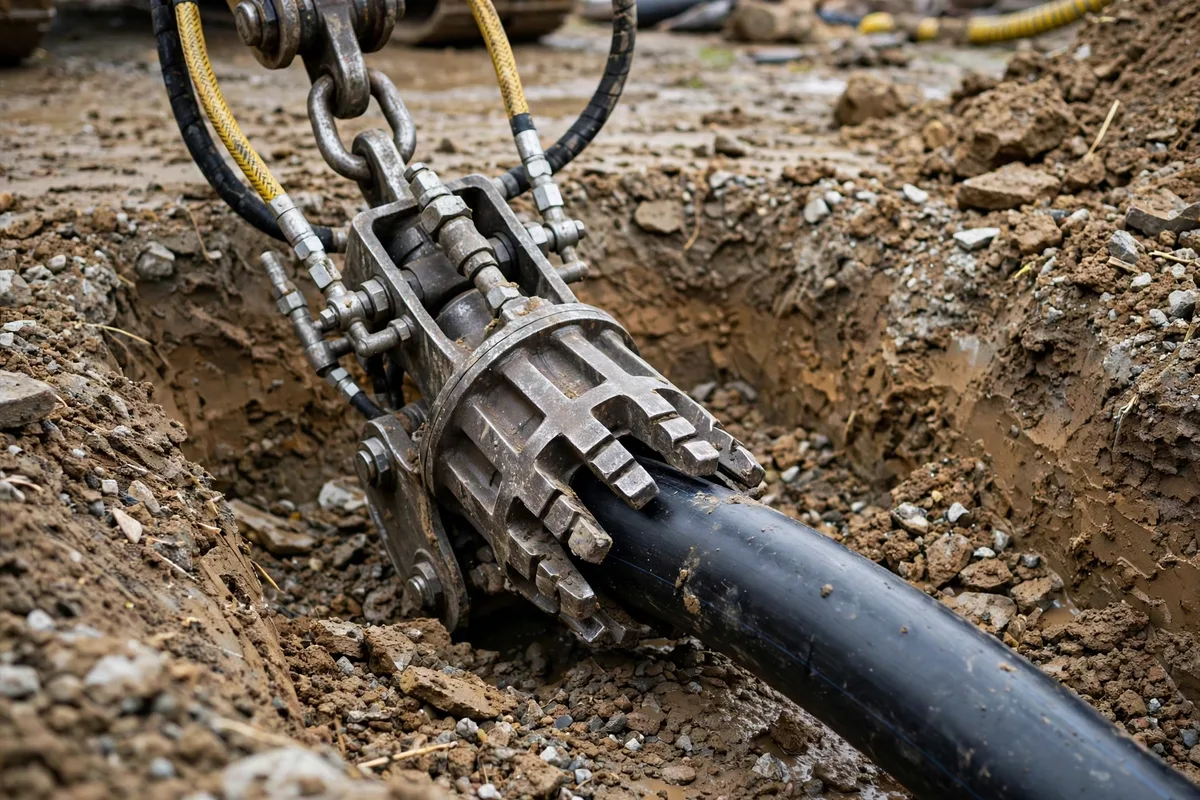 Close-up of pipe bursting equipment and bursting head used to shatter old sewer pipe and pull in new pipe