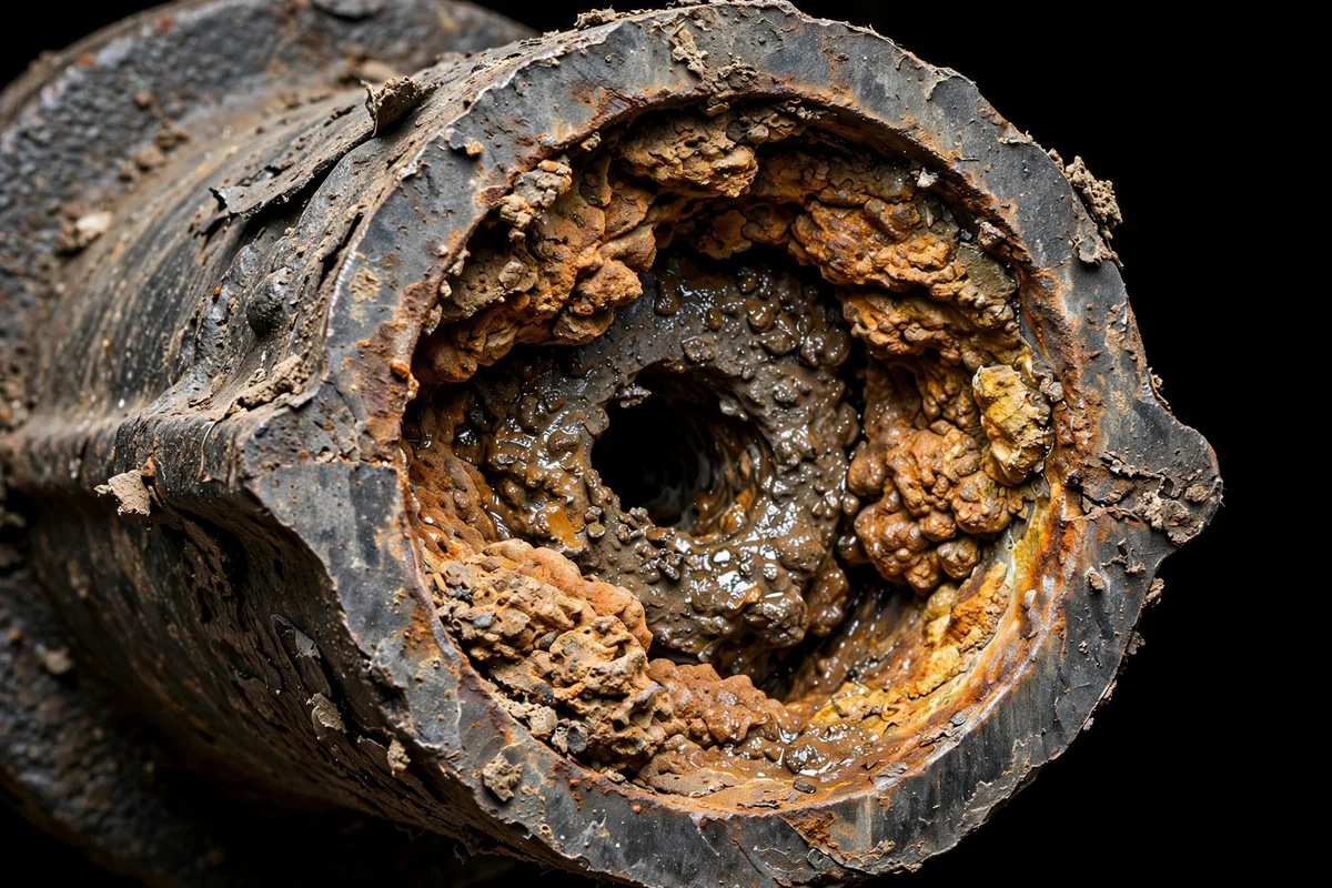 Close-up cross-section of an old cast iron sewer pipe showing heavy orange-brown mineral scale and corrosion tubercles narrowing the interior