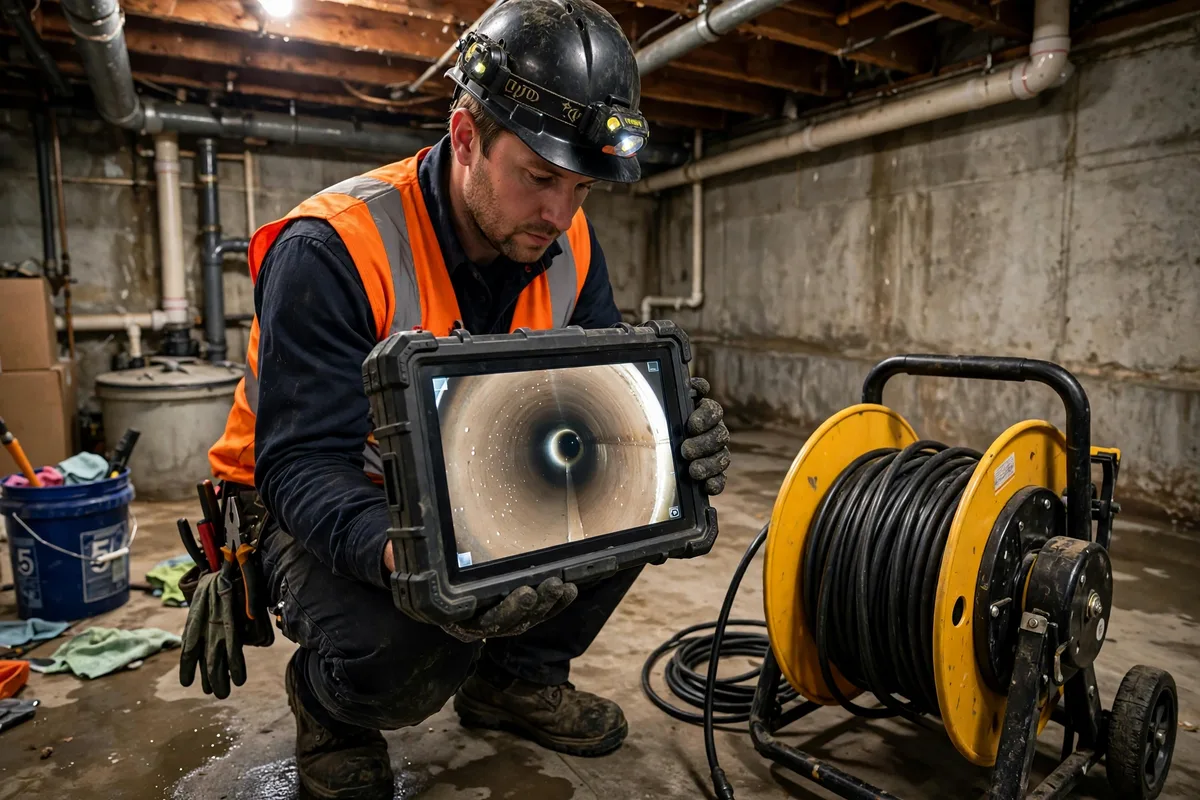 Sewer technician reviewing a camera monitor showing a clean smooth pipe interior after descaling, with sewer camera reel equipment in an Ohio basement