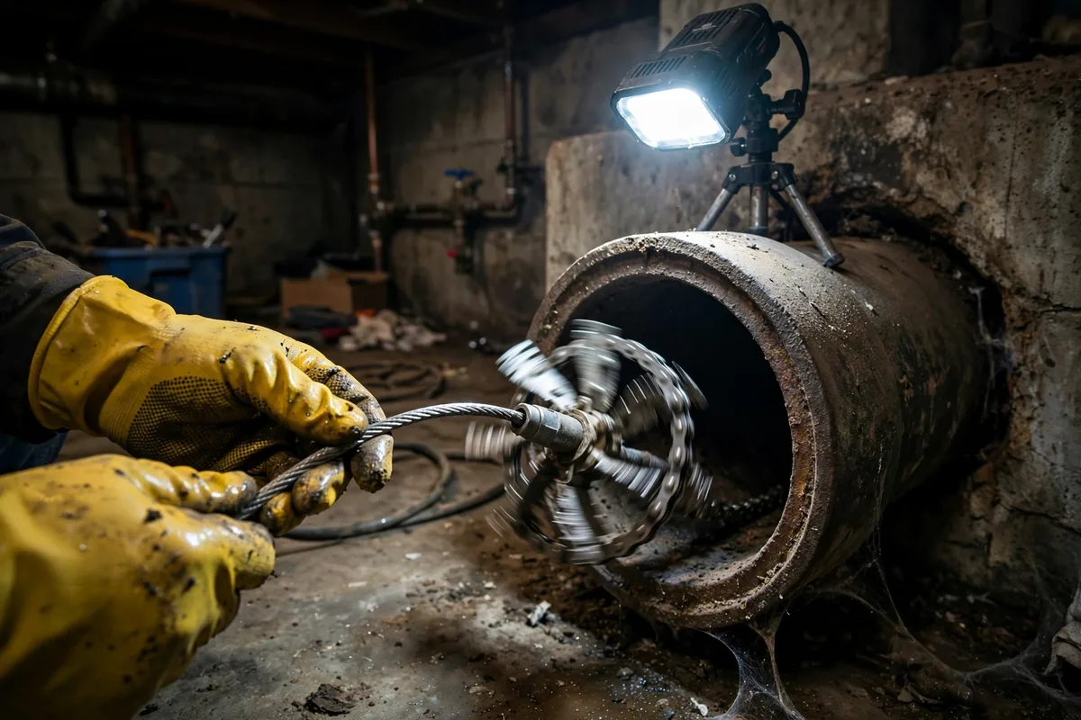Plumber feeding a spinning mechanical descaling chain flail tool into an open cast iron sewer pipe in an Ohio home basement