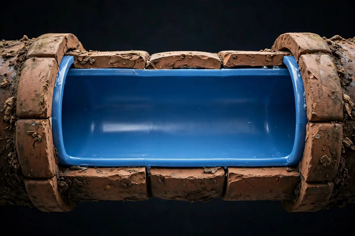 Cutaway view of a smooth blue epoxy CIPP liner installed snugly inside an old clay tile sewer pipe