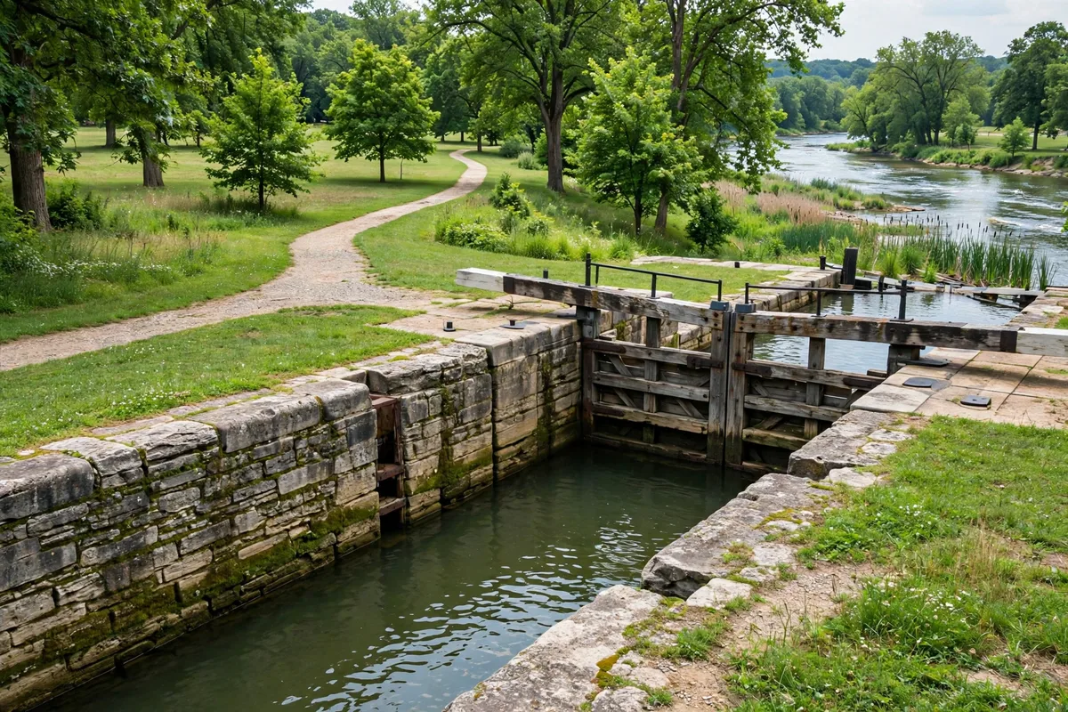 Restored 1830s limestone canal lock with stone walls in a riverfront park in Piqua Ohio