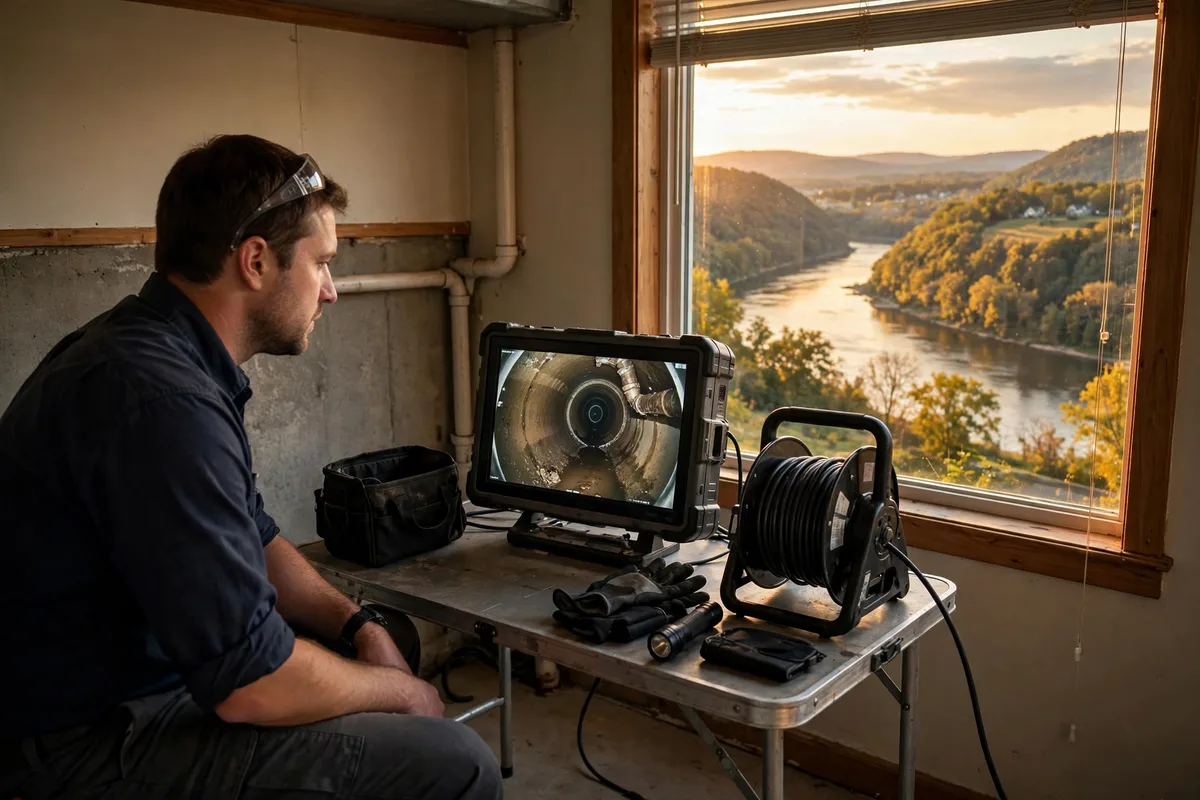 Sewer camera inspection at a Portsmouth Ohio home with a view of the Ohio River valley, technician watching the pipe interior on a monitor