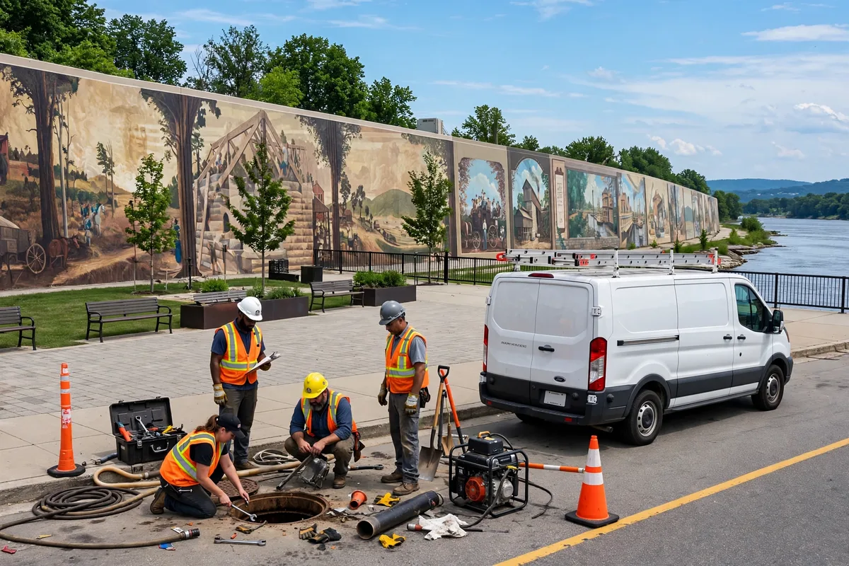 Portsmouth Ohio floodwall covered in large colorful historical murals along the Ohio River, sewer repair crew working on the street in the foreground