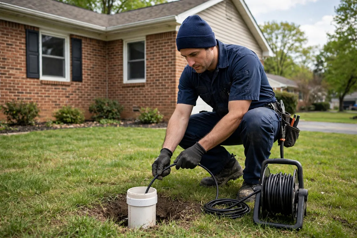 Technician feeding a sewer camera cable into an outdoor cleanout in front of a suburban Ohio brick ranch house