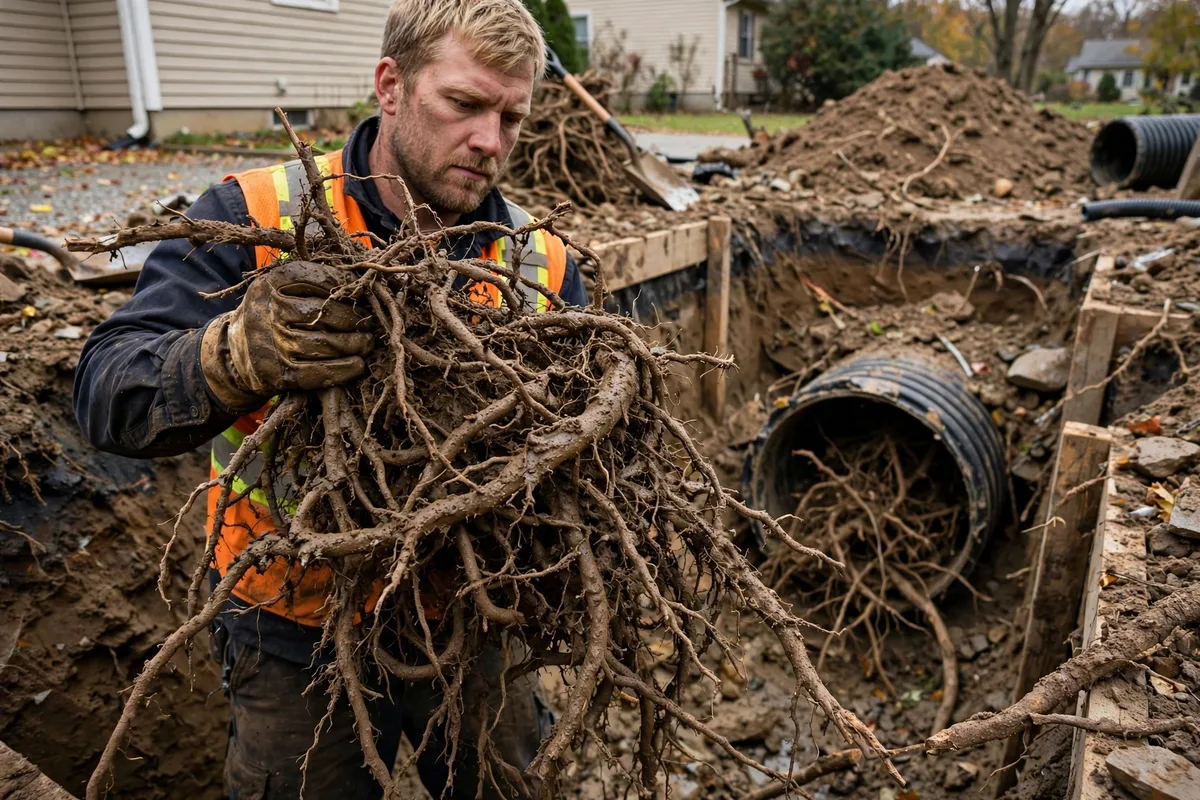 Technician holding a dense mass of tree roots pulled from a clogged residential sewer line