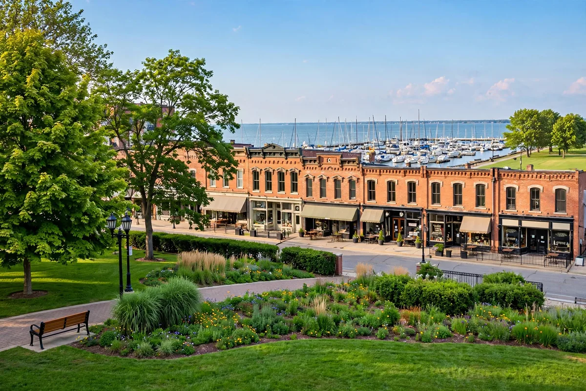 Historic downtown Sandusky brick storefronts along the Lake Erie waterfront with a marina full of sailboats