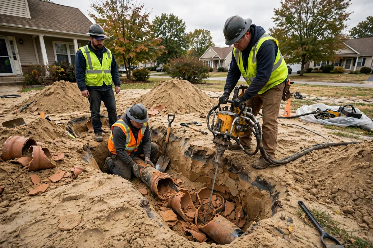 Sewer repair crew replacing a clay sewer lateral with trenchless pipe bursting equipment in a sandy Sandusky yard