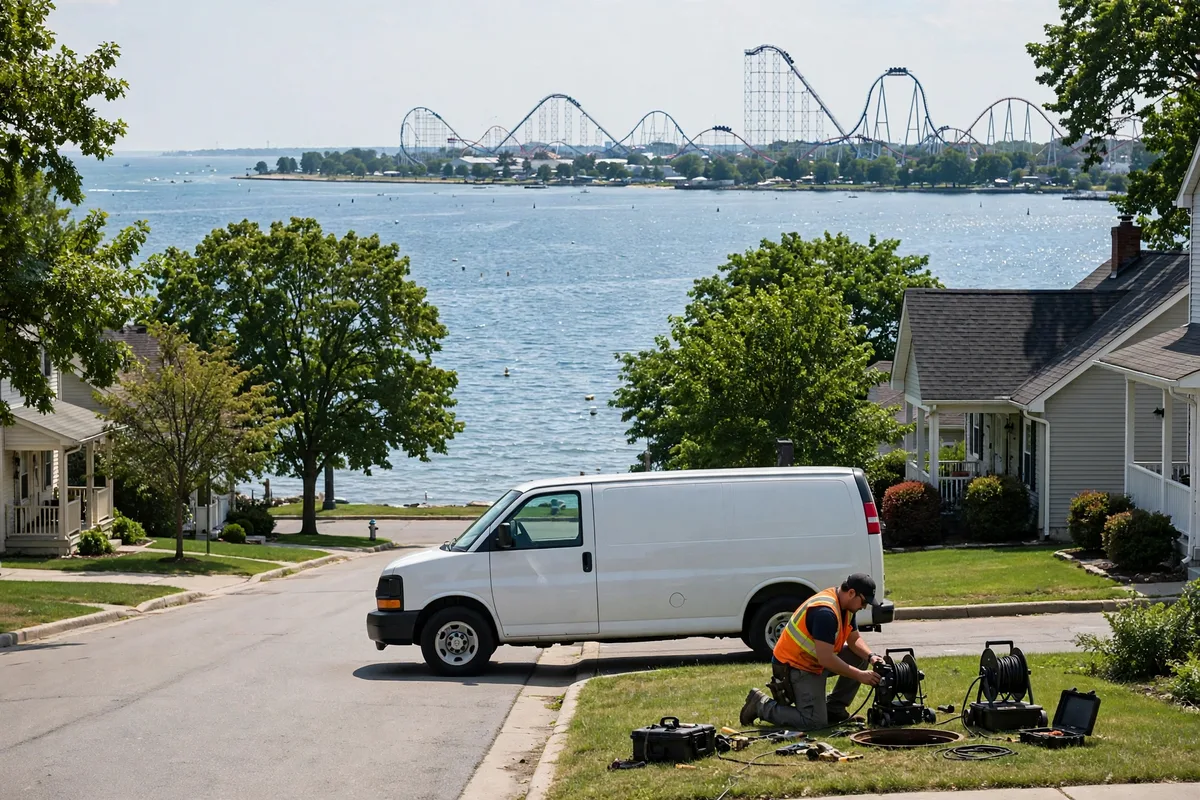 Sewer service van and technician with camera inspection equipment at a Sandusky home on the Lake Erie waterfront, roller coasters visible across the bay