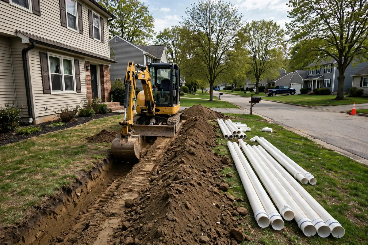 Excavator digging a trench from an Ohio suburban home toward the street for a new sewer line connection, with white PVC pipe staged nearby