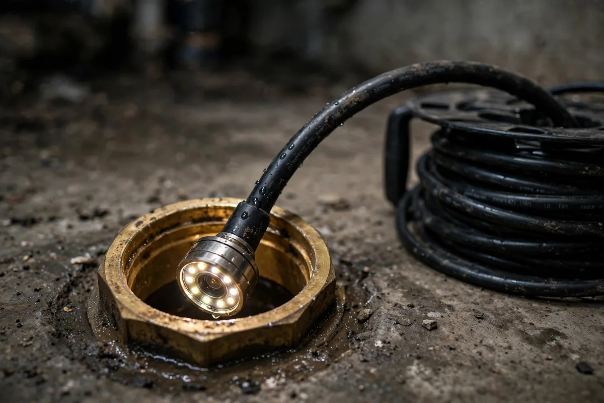 Close-up of a sewer camera head with LED lights entering a brass cleanout fitting in a concrete basement floor