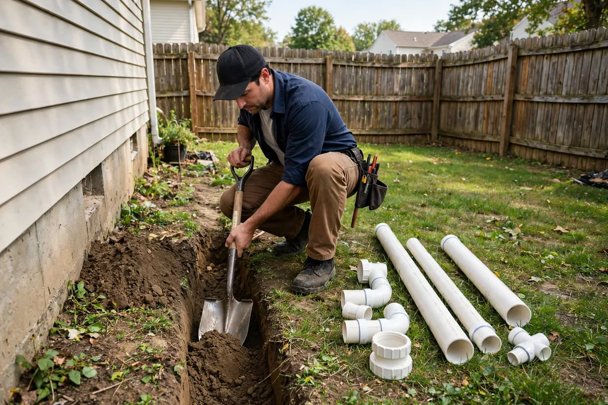 Plumbing technician digging a narrow hole beside a house foundation to install a new sewer cleanout, with PVC pipe and fittings laid out on the grass