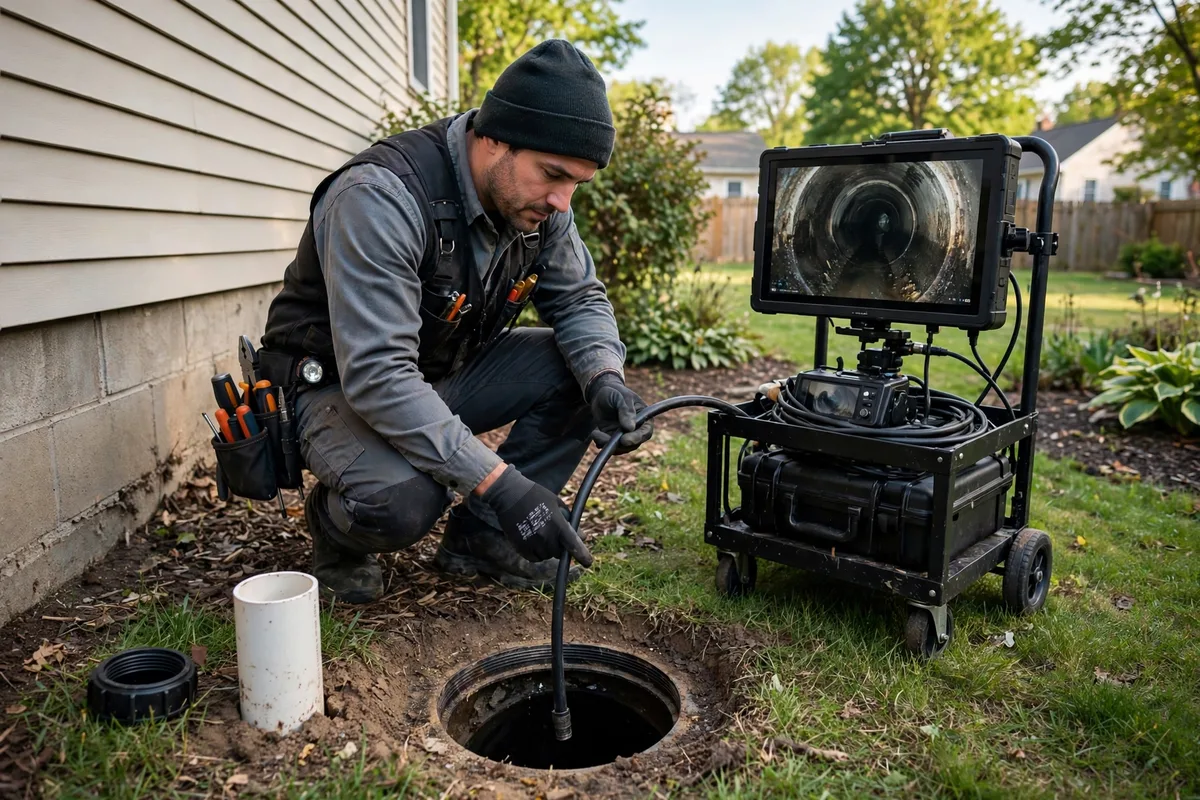 Plumbing technician feeding a sewer camera cable through an open ground-level sewer cleanout next to a house foundation, with a monitor on a portable cart