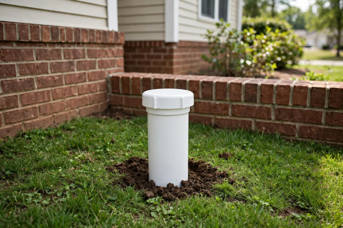 Newly installed white PVC sewer cleanout riser with a round cap standing above a tidy Ohio lawn next to a brick house foundation