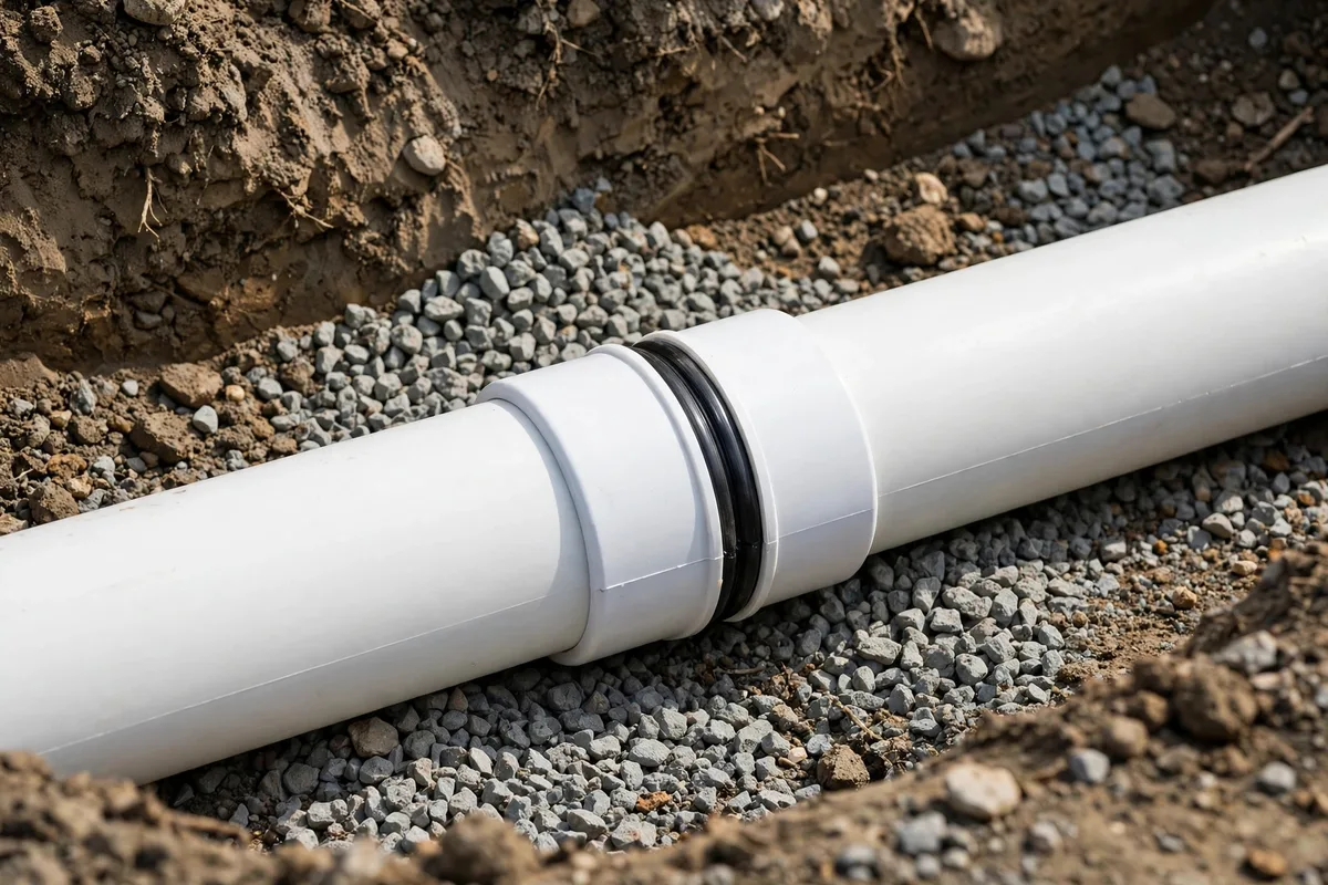 New white PVC sewer pipe laid in a trench on a bed of gravel showing proper straight alignment