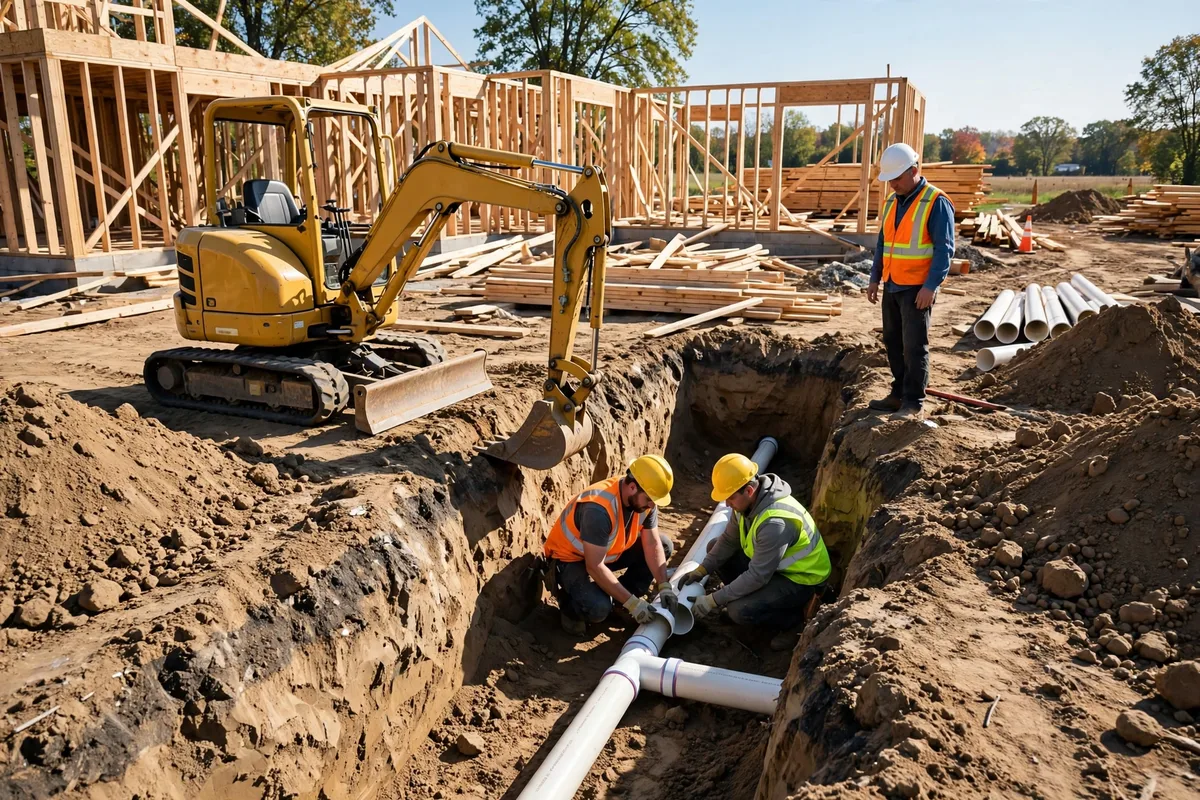Excavator and construction crew installing a new white PVC sewer line in a deep trench at a new home construction site in Ohio