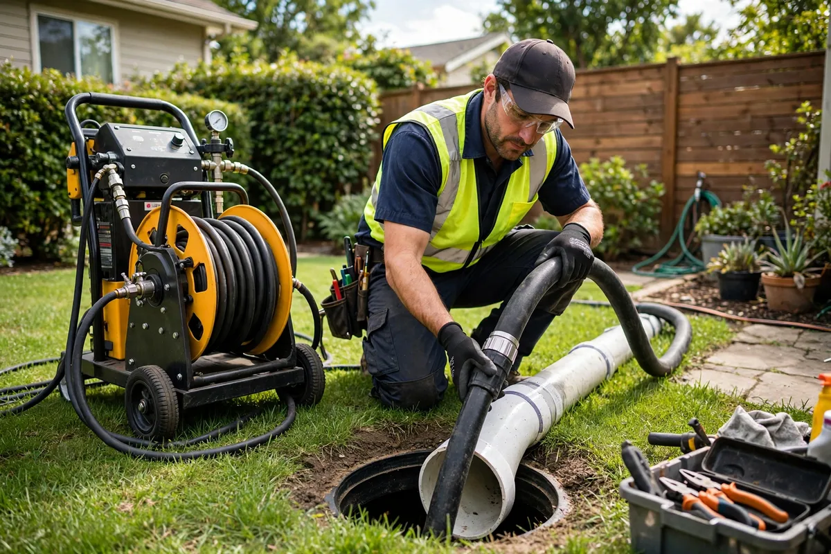 Technician feeding a hydro jetter hose into a sewer cleanout during a scheduled preventive maintenance visit