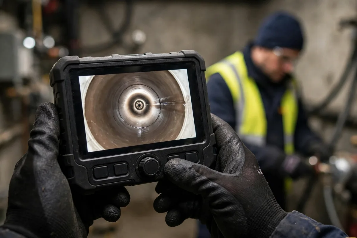 Gloved hands holding a sewer camera monitor showing a clean smooth pipe interior during a routine maintenance check