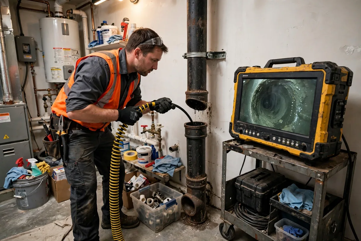 Technician feeding a sewer camera cable into an indoor vertical vent stack pipe with a monitor showing the pipe interior