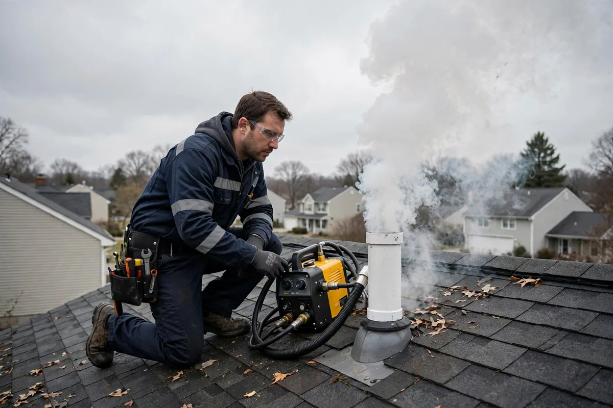 Plumbing technician on an Ohio suburban home roof performing a smoke test with white smoke drifting from a plumbing vent stack
