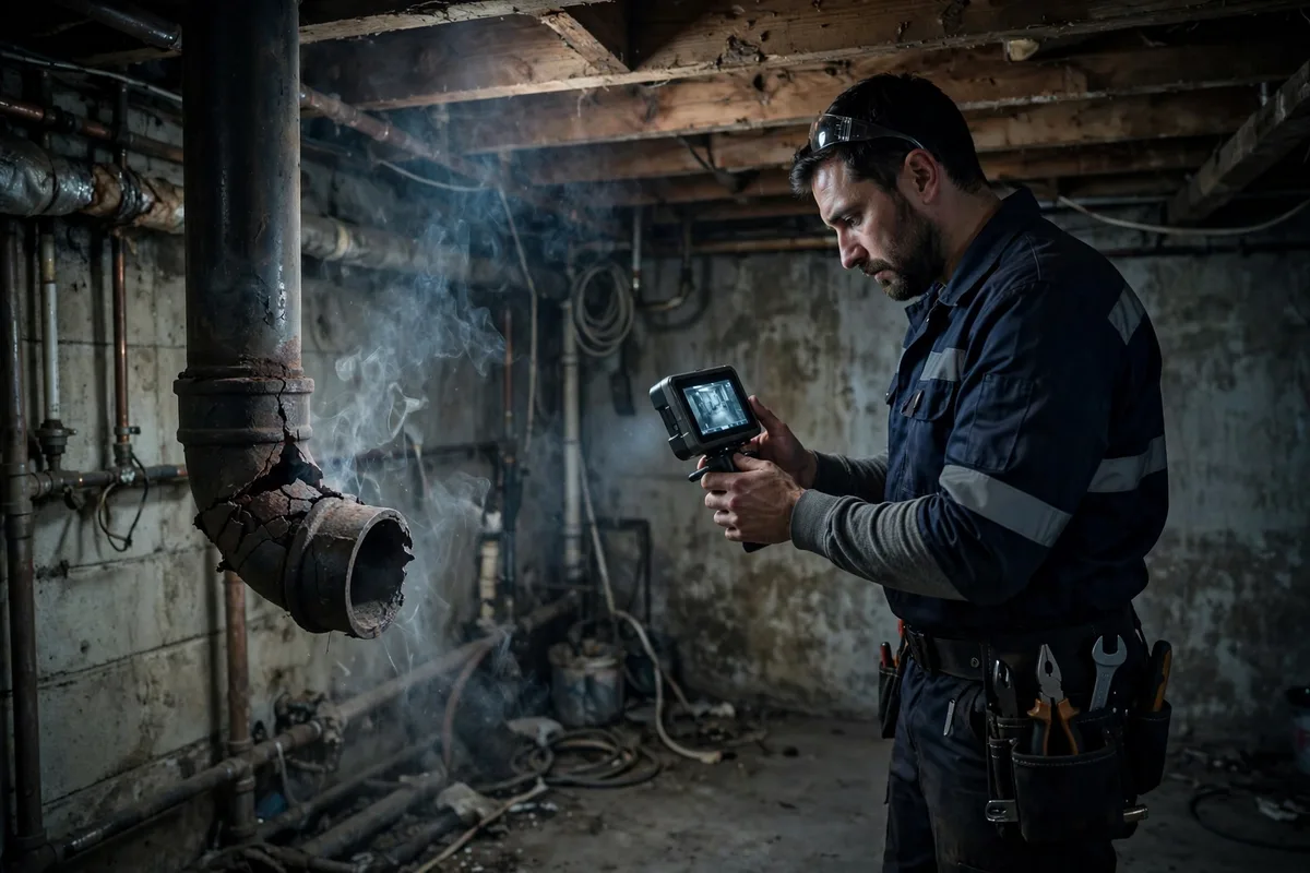 Technician in a basement watching wisps of white smoke drift from a cracked cast iron drain pipe joint during a smoke test