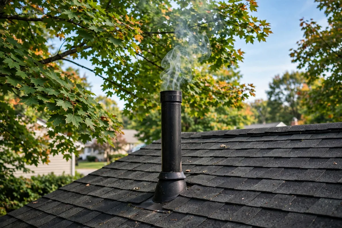 Thin white smoke rising normally from a plumbing vent stack on a suburban Ohio home's shingle roof during a smoke test