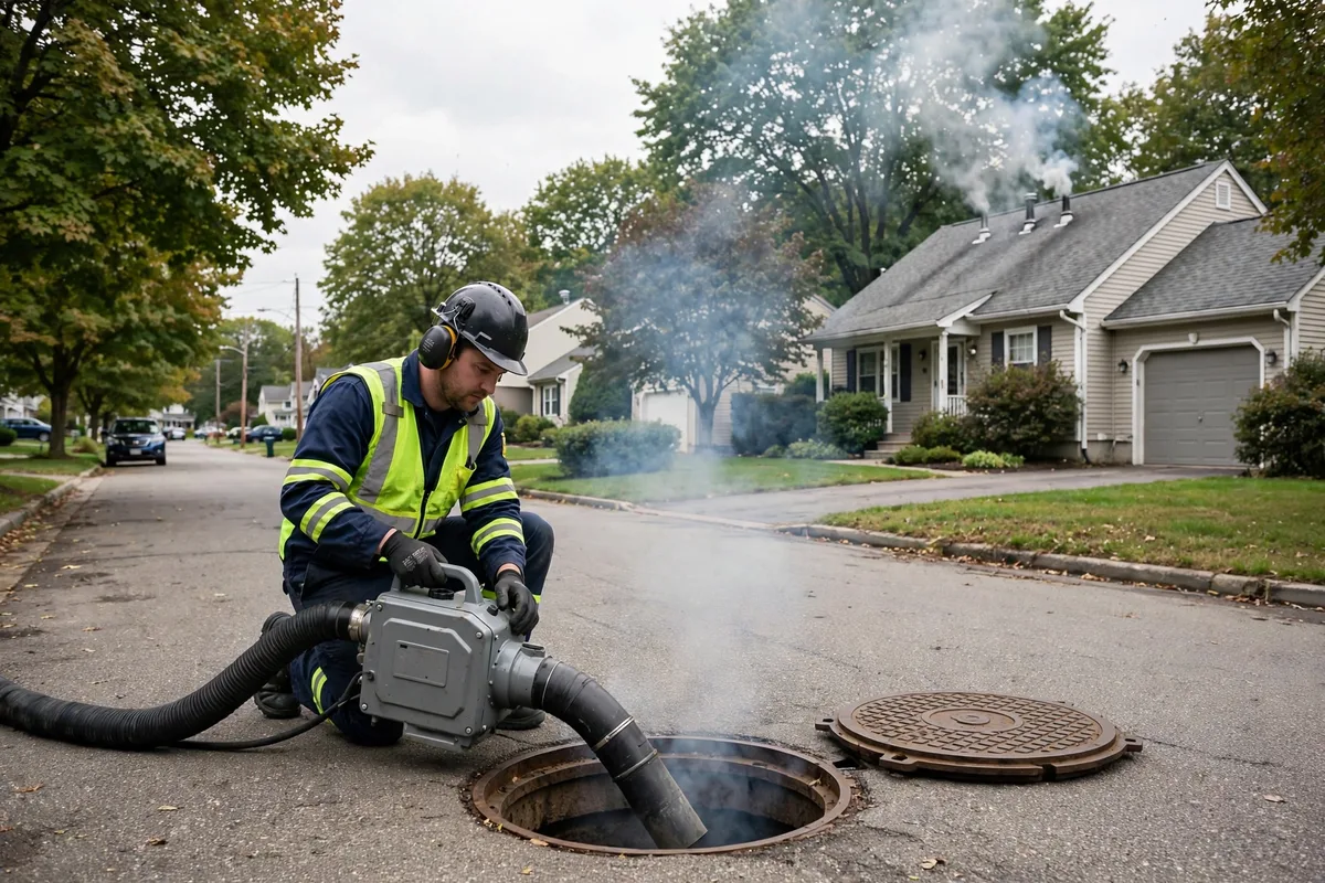 Technician operating a smoke blower machine at a sewer manhole with white smoke rising from a home's roof vents