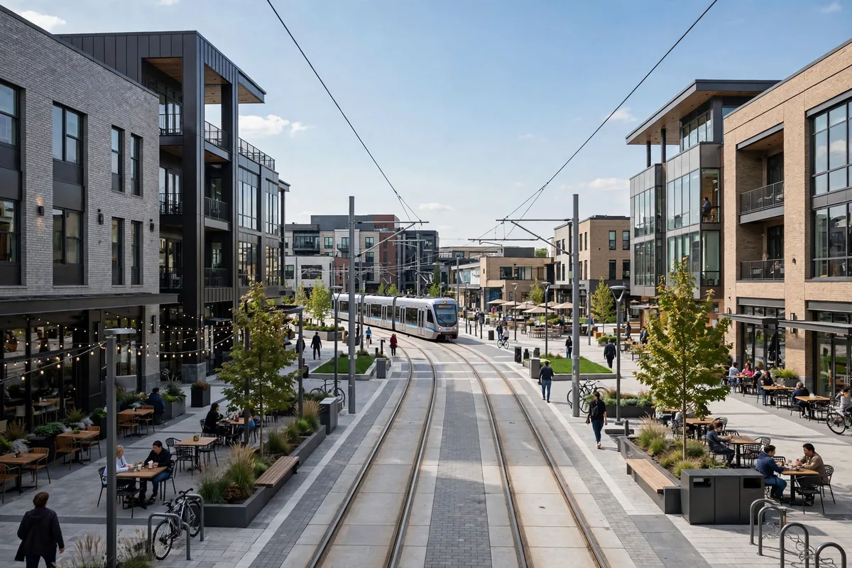 The Van Aken District town center in Shaker Heights, Ohio, with modern buildings, a public plaza, and light rail tracks