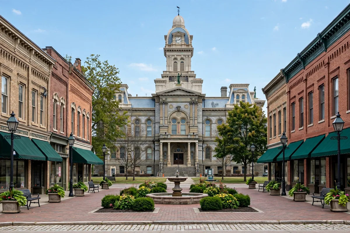 Second Empire courthouse with a clock tower on a historic courthouse square in Sidney, Ohio