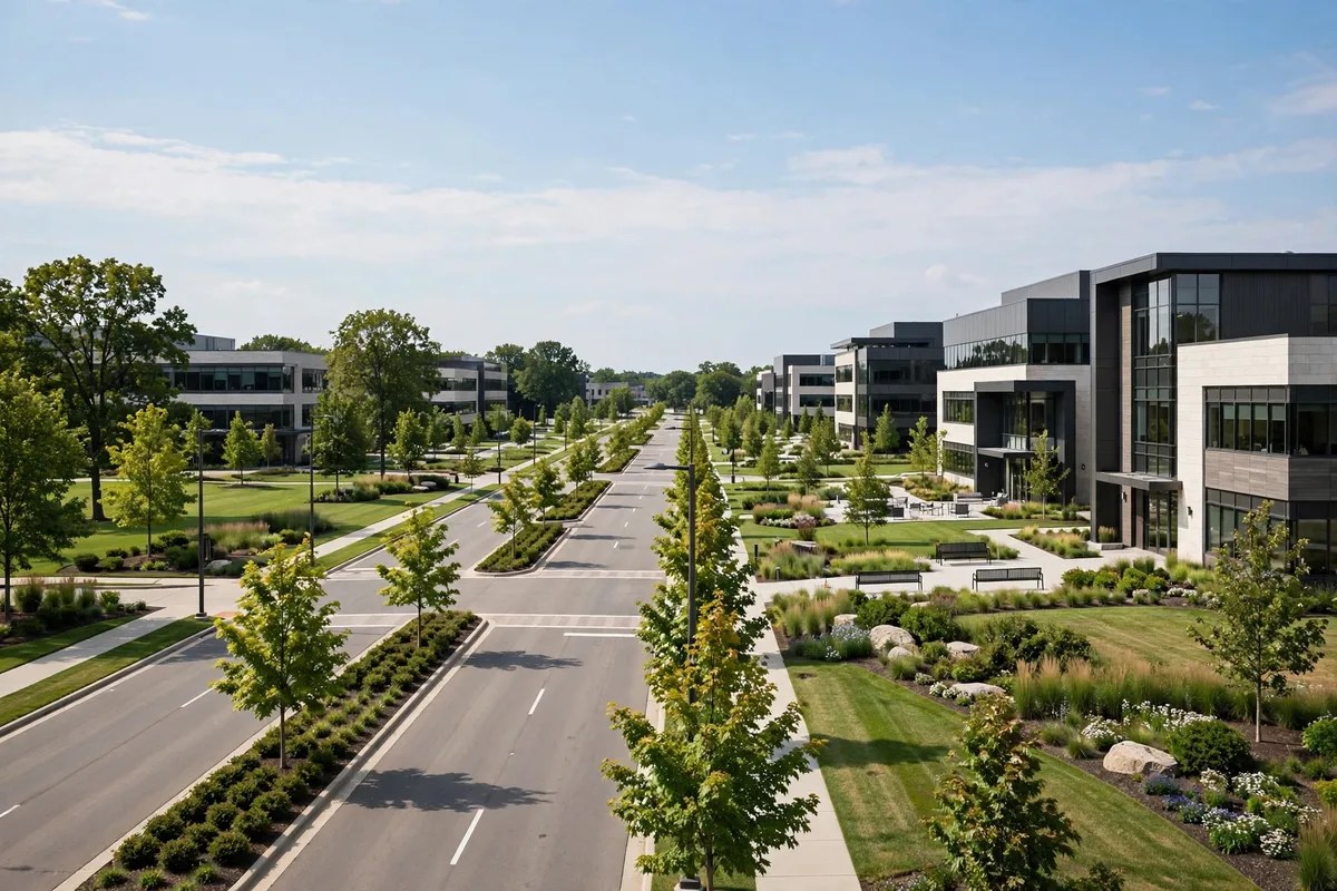 Corporate office park corridor along Aurora Road in Solon, Ohio, with modern low-rise office buildings and landscaped grounds