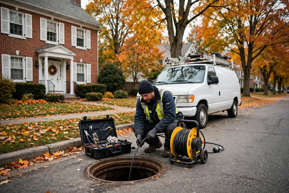 Sewer camera technician working at a 1930s brick colonial home in South Euclid, Ohio, on a tree-lined street with fall foliage