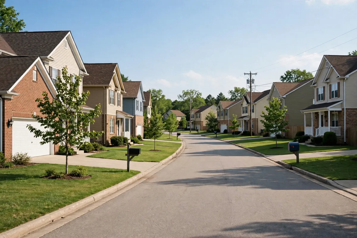 Springboro Ohio suburban subdivision with two-story homes, manicured lawns, and young street trees