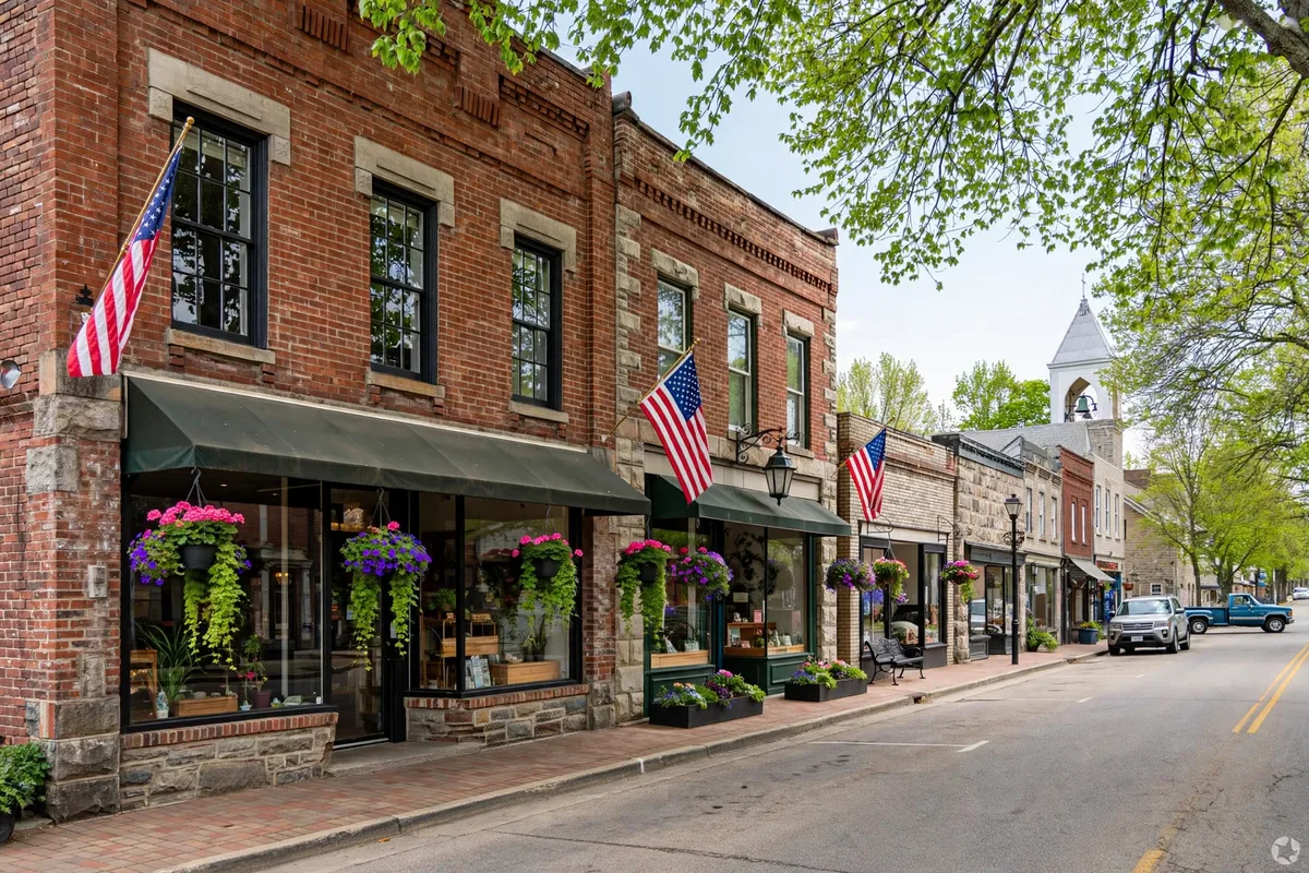 Historic Main Street in Springboro Ohio with brick storefronts and small-town charm