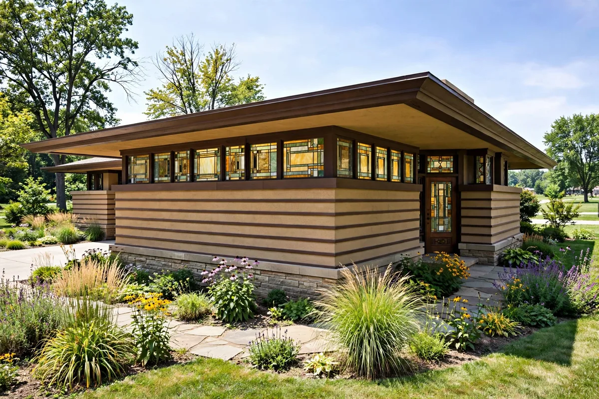 Prairie style house with long horizontal lines and overhanging eaves in Springfield, Ohio