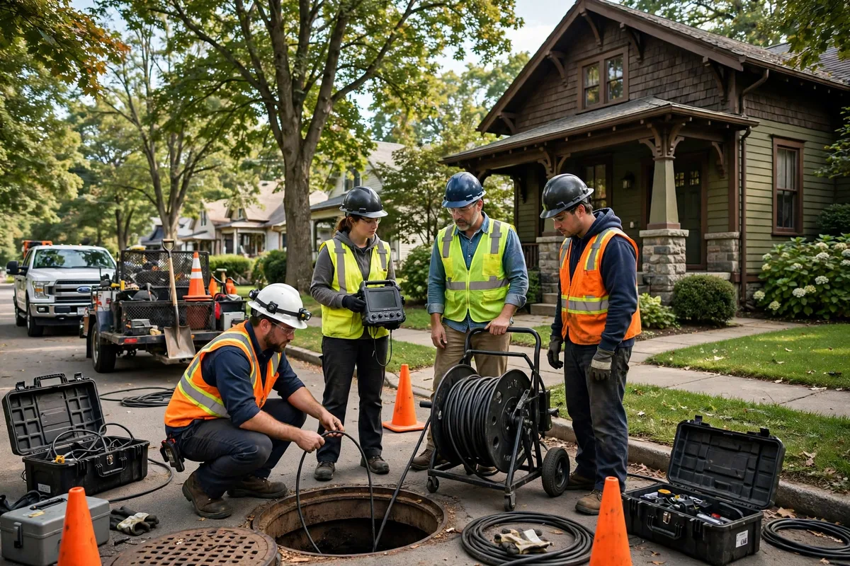 Sewer repair crew with camera equipment at a 1920s craftsman bungalow in Springfield, Ohio
