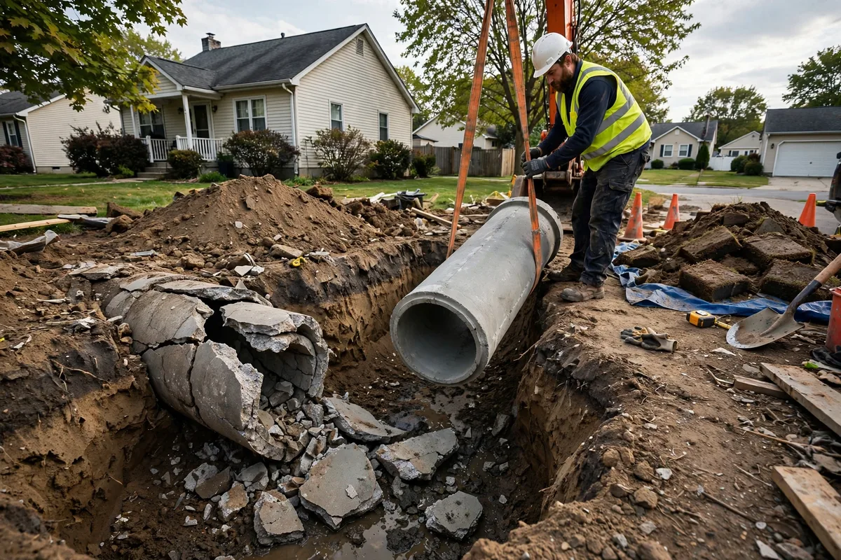 Excavated repair of a broken concrete storm drain pipe in a residential yard with a new pipe section being set in the trench