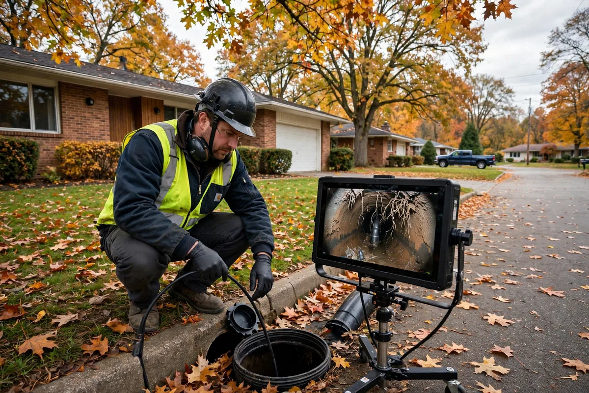 Sewer camera inspection technician working at a mid-century ranch home in Stow, Ohio, with camera monitor on a stand