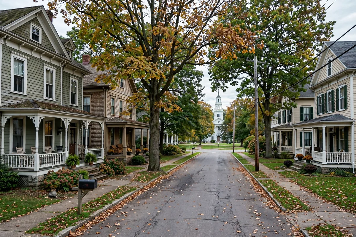 Older residential street near the Tallmadge Circle with mature trees